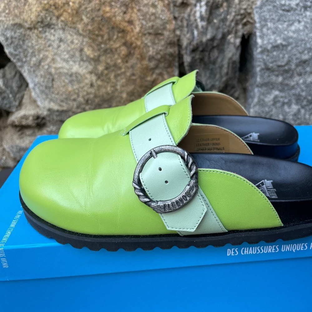 Fluevog NEW Neon Green Bean Bag Mules Clogs Slippers W7 M5